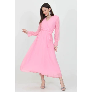 Neşeli Butik Kadın Kuşaklı Pudra Uzun Şifon Elbise KTS003