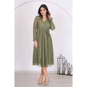 Neşeli Butik Kadın Haki Kuşaklı Kruvaze Yaka Astarlı Dantel Elbise RSSN31