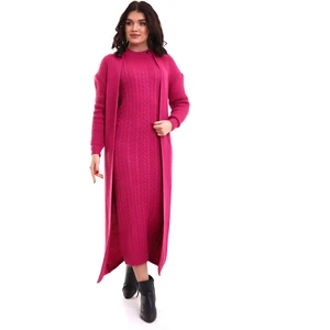 Triko Tesettür Kadın Elbise-Hırka Takım Fuşya MDNSS115