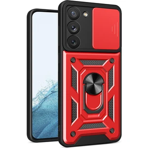 Samsung Galaxy S23 Kılıf Case Sert Silikon Tank Aramid Sürgülü Vega Yüzüklü Kırmızı