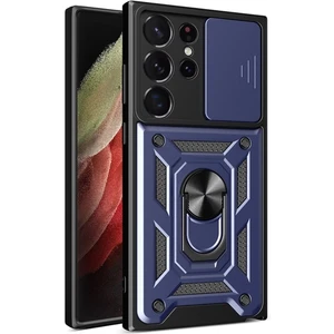 Samsung Galaxy S23 Ultra Kılıf Case Sert Silikon Tank Aramid Sürgülü Vega Yüzüklü Lacivert