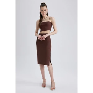 Slim Fit Basic Yırtmaçlı Fitilli Kaşkorse Midi Etek Z8396AZ23SP