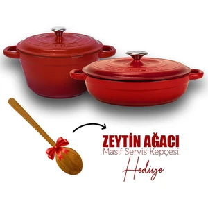 Döküm 2x New Heritage Serisi Döküm Demir Tencere Tava Seti - Kırmızı
