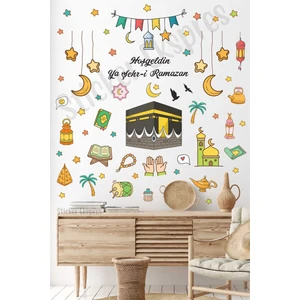 Sticker Ekspres Kabe Cami ve Renkli Ramazan Figürleri Cam Duvar Kapı Sticker Seti