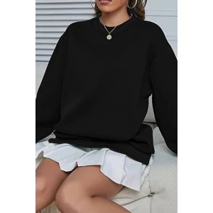 Kadın Siyah Basic 0 Sıfır Yaka Baskısız Düz Oversize Salaş Bol Kesim Sweatshirt10