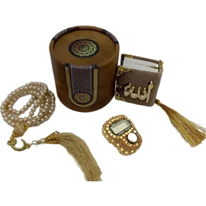 Mini Silindir Kutulu Mevlit Hediye Seti Gold (Mini Kuranı Kerim+Inci Tesbih 99+Taşlı Zikirmatik)