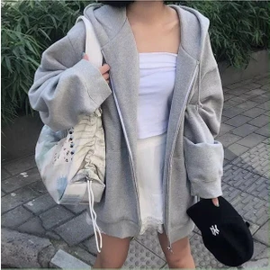 Gri Fermuarlı Kapüşonlu Unisex Oversize Hırka (3 Iplik)