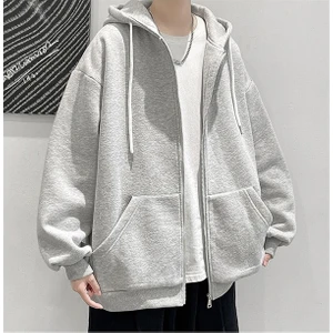 Düz Gri Unisex Oversize (3 Iplik) Kalın Kışlık Içi Polarlı Hırka