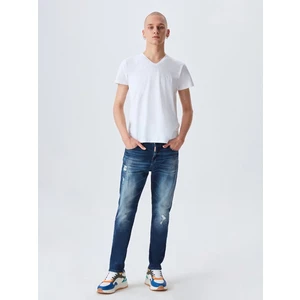 Erkek V Yaka Basıc Slim Fit Beyaz T-shırt