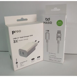 Preo 3x Faster Charger 20W Hızlı Şarj Cihazı ve Masq Apple Lisanslı Type-C Data Kablosu Set