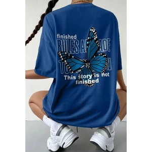 Unisex Sax Mavi Sırt Kelebek Baskılı T-Shirt