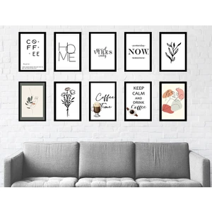 Trend Poster Siyah Çerçeve Görünümlü Home Coffee Karışık 10'lu Ahşap Tablo Retre Ahşap Poster