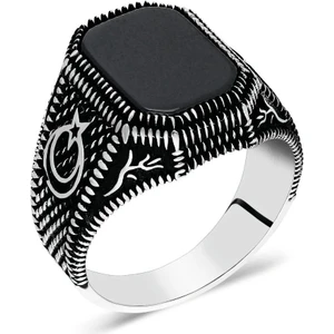 925 Ayar Gümüş Dörtgen Siyah Oniks Taşlı Ayyıldız Motifli Erkek Yüzük