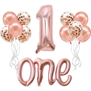 Patladı Gitti Rose Gold 1 Yaş Doğum Günü Seti 40 inç Folyo Balonlar ve 12 Adet Konfetili Balon