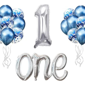 Mavi Gümüş 1 Yaş Doğum Günü Seti 12 Adet Konfetili Balon ve Folyo Rakam 40 İnç