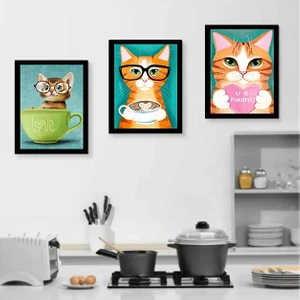 Trend Poster Renkli Kedi Coffee Love Kahve Köşesi Tablo Retro Ahşap Poster