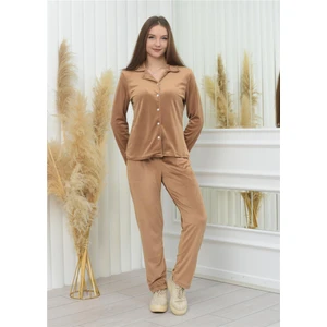 Yeni Sezon Soft Kadife Düğmeli Pijama Takımı Taba Rengi