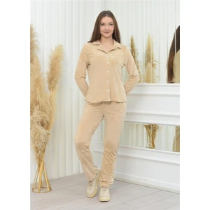 Yeni Sezon Soft Kadife Düğmeli Pijama Takımı Bej Rengi