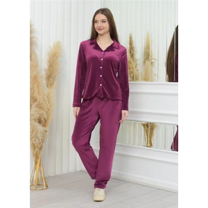 Yeni Sezon Soft Kadife Düğmeli Pijama Takımı Mor Rengi
