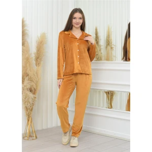Yeni Sezon Soft Kadife Düğmeli Pijama Takımı Kamel Rengi