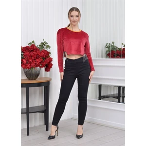 Yaka ve Taş Detaylı Soft Kadife Crop-Bluz Bordo