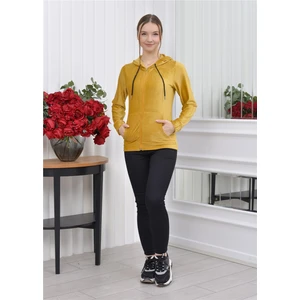 Kapşonlu Fitilli Kadife Hırka Hardal Rengi