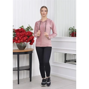 Kapşonlu Fitilli Kadife Hırka Pudra Rengi