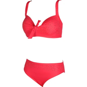 Kadın Fiyonk ve Taş Detaylı Büyük Beden Nar Çiçeği Bikini Takımı