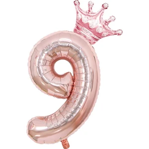 Patladı Gitti 9 Rose Gold Rakam ve Kral Tacı Folyo Balon Doğum Günü Parti Kutlama Seti