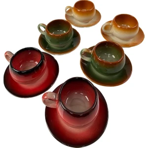 Artistic Quality Dekoratif Şık Tasarım Yeşil, Kırmızı, Kahverengi Ve Siyah Renklerde Çay-Kahve Fincan Seti 6 Kişilik
