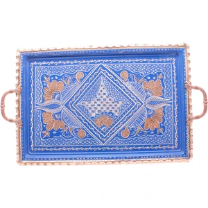 Erzincan El Işlemesi Otantik Dikdörtgen Bakır Çay Kahve Servis Tepsisi Mavi Renk 39X26CM