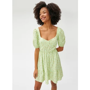 Mini Çiçekli Elbise Balon Kollu Kalp Yaka Viskon Karışımlı