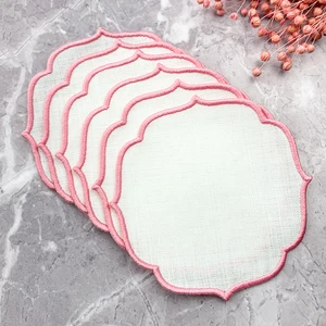 Pembe Renkli Nakışlı Keten Efektli 6'lı Kokteyl Peçetesi