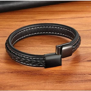 Dikişli Siyah Örgü Deri Bileklik