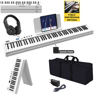 PLX-100WH Taşınabilir Dijital Piyano Tuş Hassasiyetli 88 Tuş Bluetooth Şarjlı (Sustain Pedalı Kulaklık Çanta Metod)
