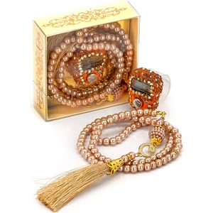 Hediyelik Taşlı Zikirmatik ve Inci Tesbih 99 Lu Set - Gold Renk