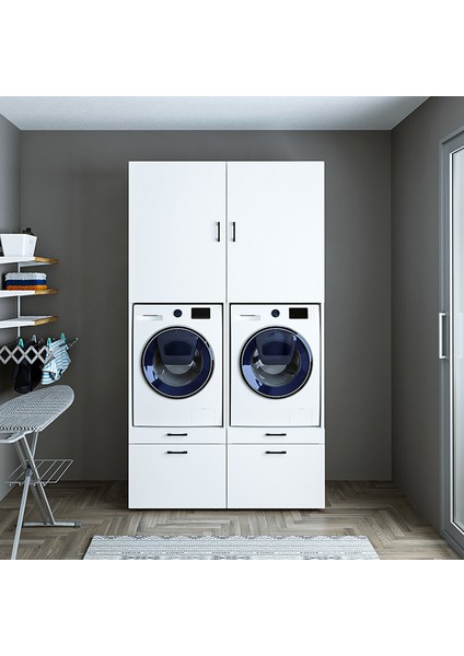 Çamaşır-Kurutma Makinesi Dolabı + Üst Dolabı Mat Beyaz 240X134