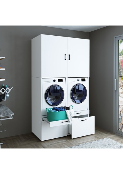 Çamaşır-Kurutma Makinesi Dolabı + Üst Dolabı Mat Beyaz 240X134 fiyatları