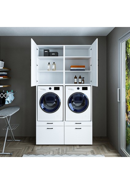 Çamaşır-Kurutma Makinesi Dolabı + Üst Dolabı Mat Beyaz 240X134 modelleri