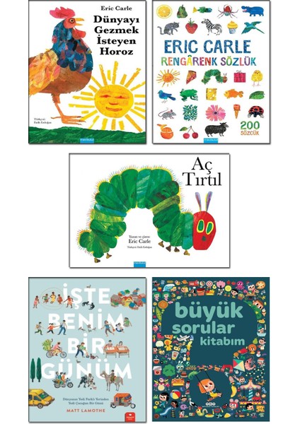 Mavibulut Yayınları - Aç Tırtıl / Eric Carle + Dünyayı Gezmek Isteyen Horoz + Rengarenk Sözlük + Büyük Sorular Kitabım + Işte Benim Bir Günüm / Matt Lamothe - 5 Kitap Set Çocuk Hikaye Kitapları