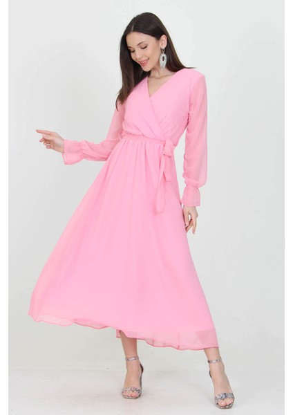 Kadın Kuşaklı Pudra Uzun Şifon Elbise KTS003