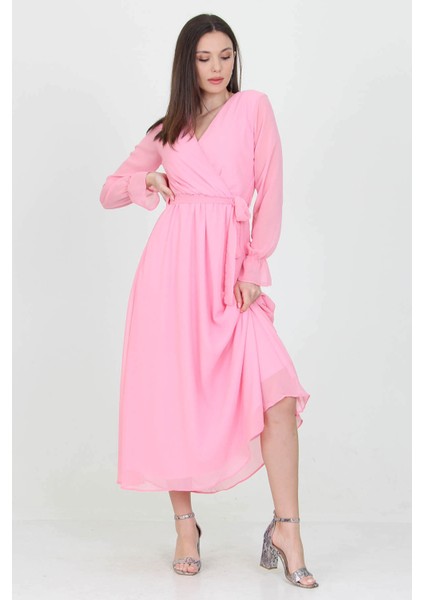 Kadın Kuşaklı Pudra Uzun Şifon Elbise KTS003 fiyatları