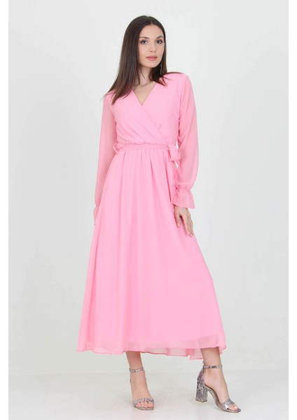 Kadın Kuşaklı Pudra Uzun Şifon Elbise KTS003 modelleri
