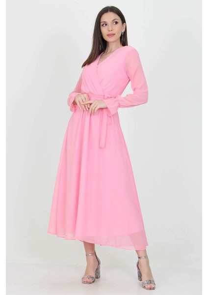Kadın Kuşaklı Pudra Uzun Şifon Elbise KTS003 fırsatları