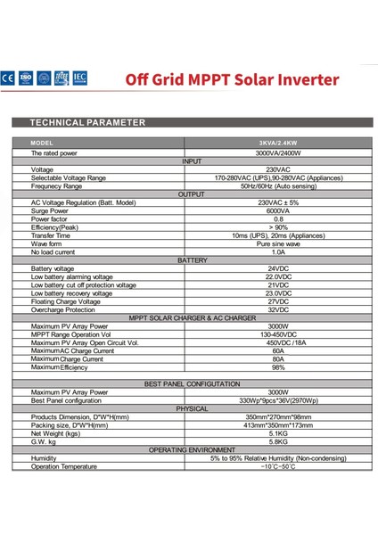 Sunon-E Tam Sinüs Mppt Akıllı Invertör 24V 2.4kw (450-500VDC) Tam Sinüs Mppt Akıllı Inverter