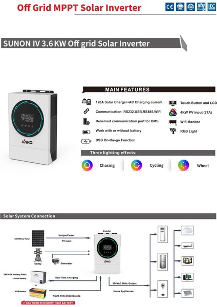 Sunon Iv 3.6kw Mppt Tam Sinüs Invertör 24V (450VDC) 3600W Mppt Tam Sinüs Inverter