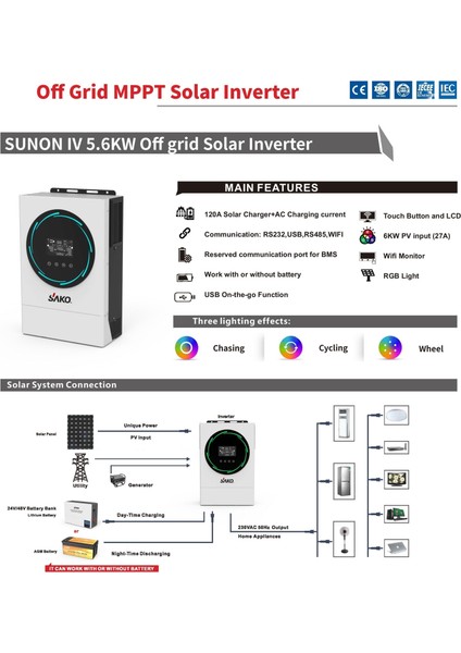 Sunon Iv 5.6kw 48V (450VDC) Mppt Tam Sinüs Akıllı Invertör 5600W 48V Mppt Tam Sinüs Akıllı Inverter