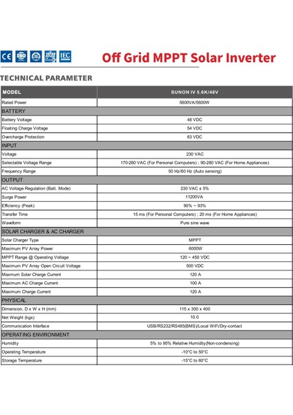 Sunon Iv 5.6kw 48V (450VDC) Mppt Tam Sinüs Akıllı Invertör 5600W 48V Mppt Tam Sinüs Akıllı Inverter