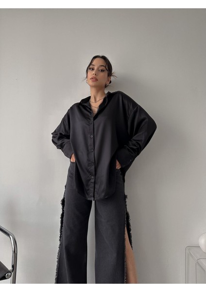 Kadın Oversize Saten GÖMLEK-SIYAH(1117)10 modelleri
