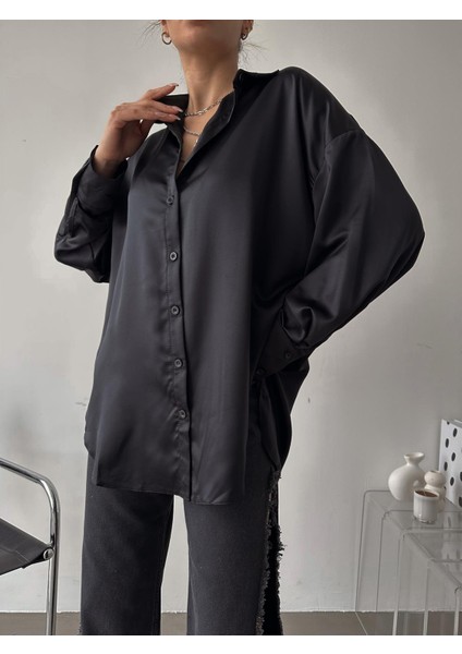 Kadın Oversize Saten GÖMLEK-SIYAH(1117)10 fırsatları
